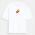A white short-sleeve crewneck t-shirt with a small pixel-art style orange and pink graphic on the left chest, displayed against a light gray background.
