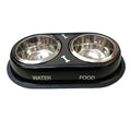 Pet food and water bowl with black base and silver bowls on a white background